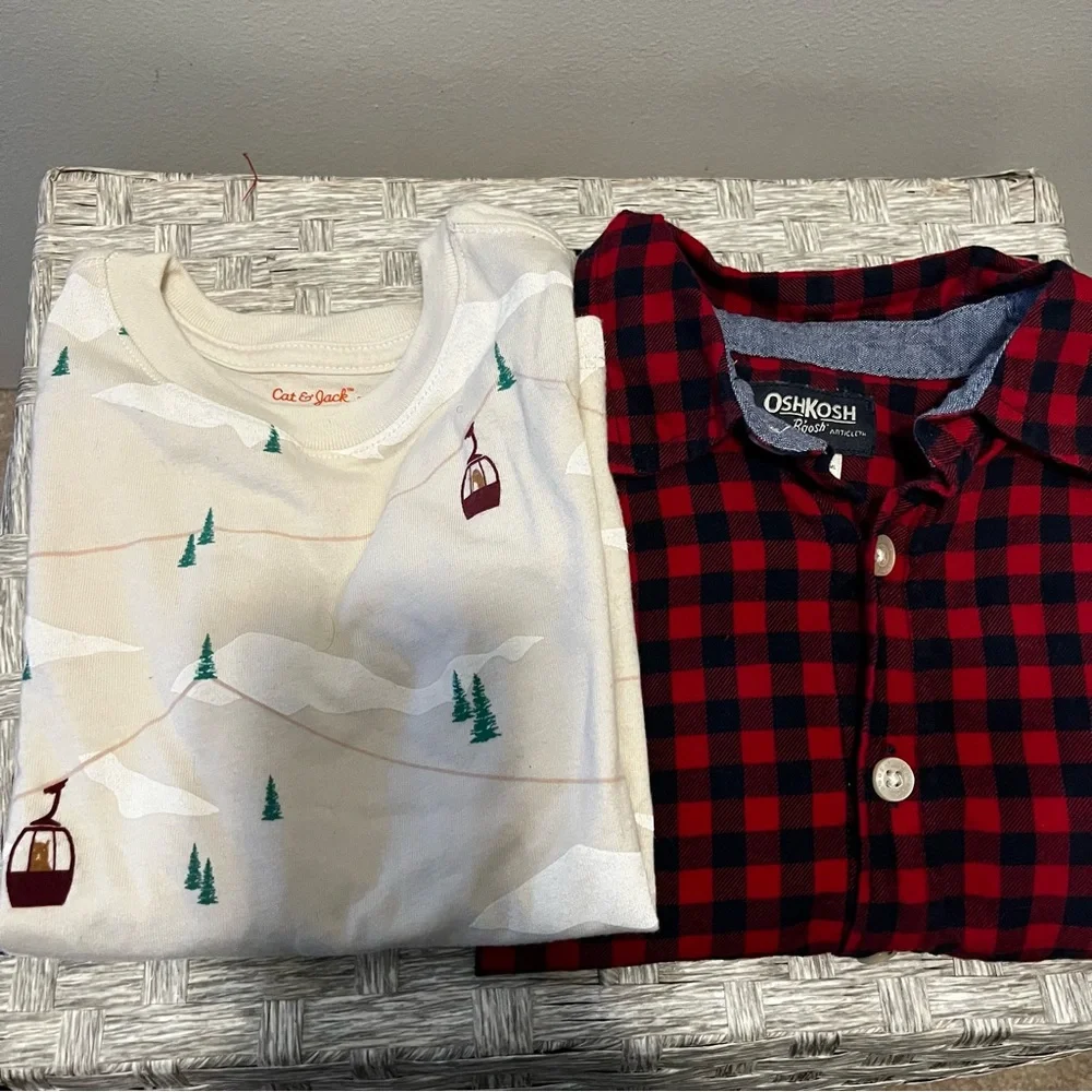 OshKosh B'gosh Red Plaid Cat & Jack Cream Bear Winter Boy Shirt Bundle 3T